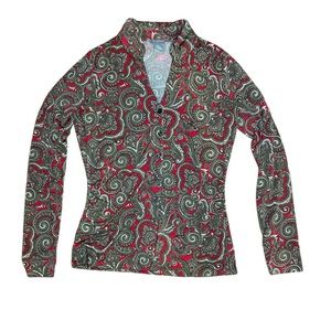 Vintage Ann Taylor red paisley long sleeve top ruched sides | S
